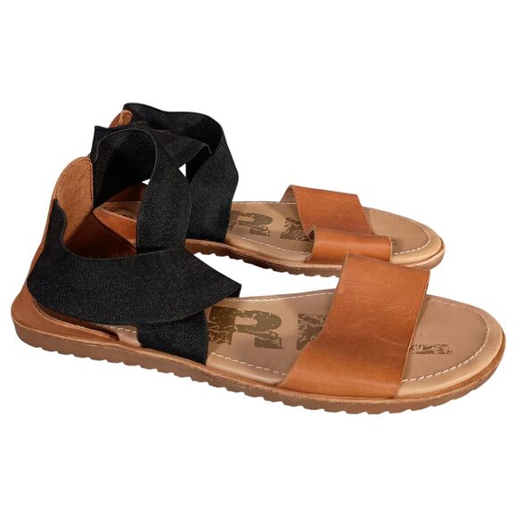 Sorel Ella II Sandals Black Brown Leather Elastic Strappy Flat Comfort 9 - Picture 1 of 9